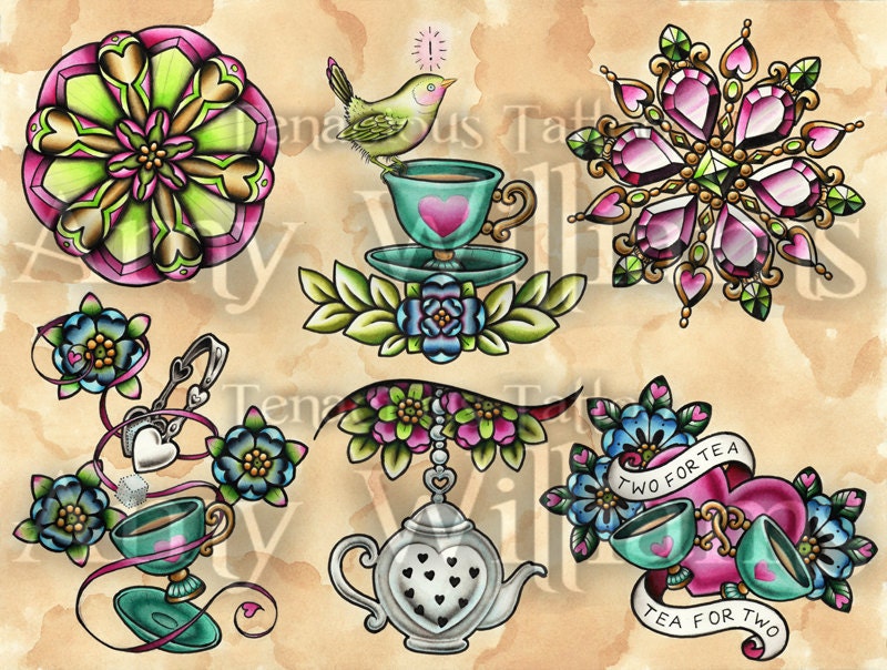 Green Idea Bird Turquoise Teacups Pink Heart Jewels Tattoo Flash - Print