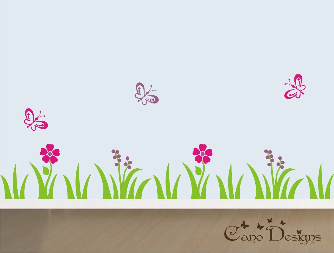 Border Vinyl Wall Decal 13.6 ft long, Grass, flowers and butterflies, kids room, girls room, removable wall decal border