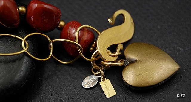 Red Jasper and Brass Chain Bracelet With Heart Locket