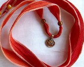 Hand Dyed Ribbon Wrap Around Bracelet Brass Lotus Charm