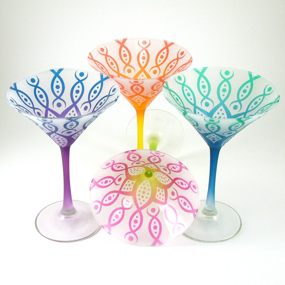 Martini Glasses - Vesuvian Flower - Set of 4 - Etched and Painted Glassware