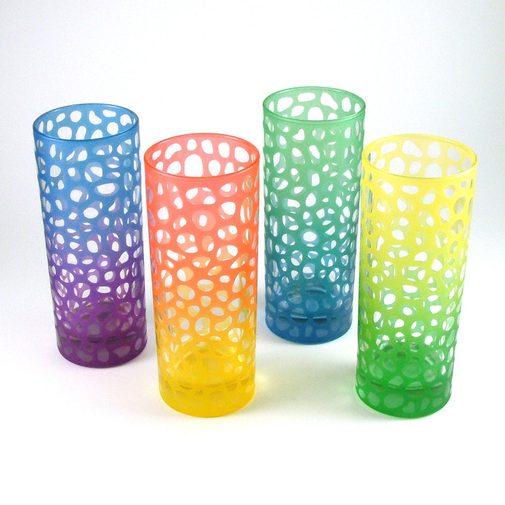 Etched Highball Glasses with River Rocks design - Set of 4 - Custom Painted