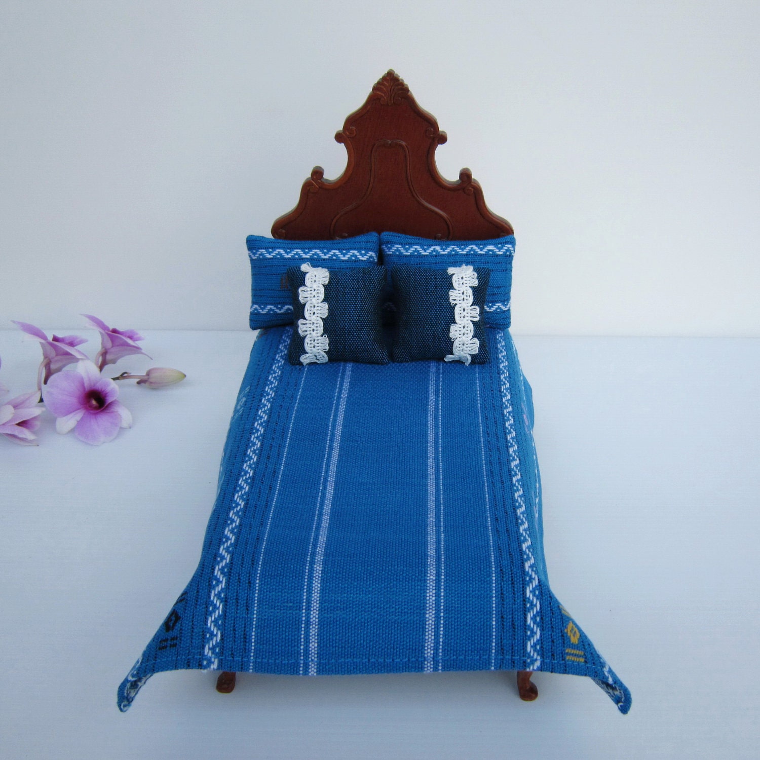 Miniature Dollhouse Blue cotton bedspread  Bedding 1:12 scale for double bed