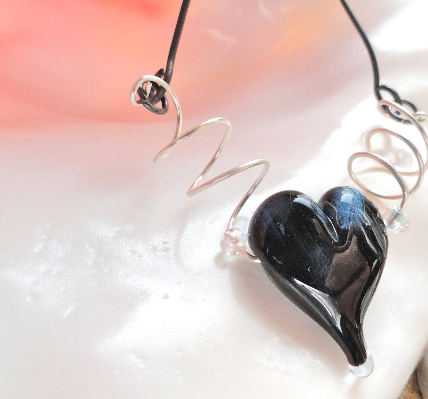 Black & Blue Heart with Handmade Chain and Sterling Silver Clasp for your Valentine