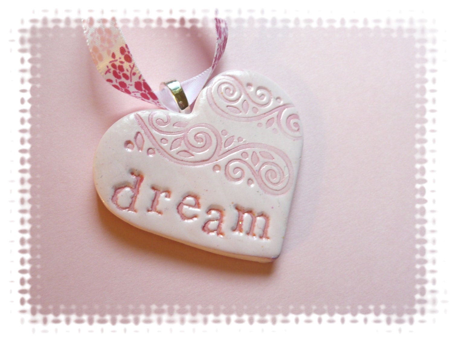 Dream Heart Ornament Pink - handmade polymer clay home decor