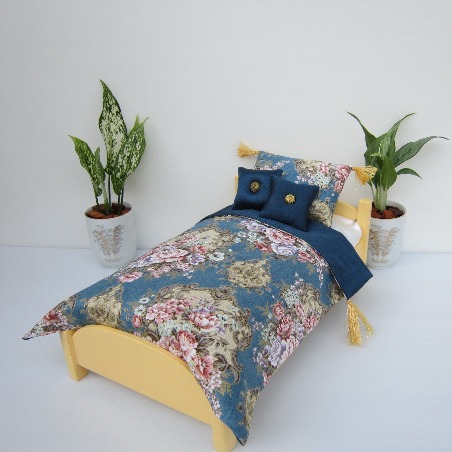 New Floral doll Bedding set Blue Bedspread pillow cushion 12" doll barbie blythe bratz