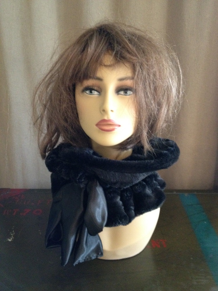silky soft, black velboa faux mink fur scarf with removable, interchangeable ribbon