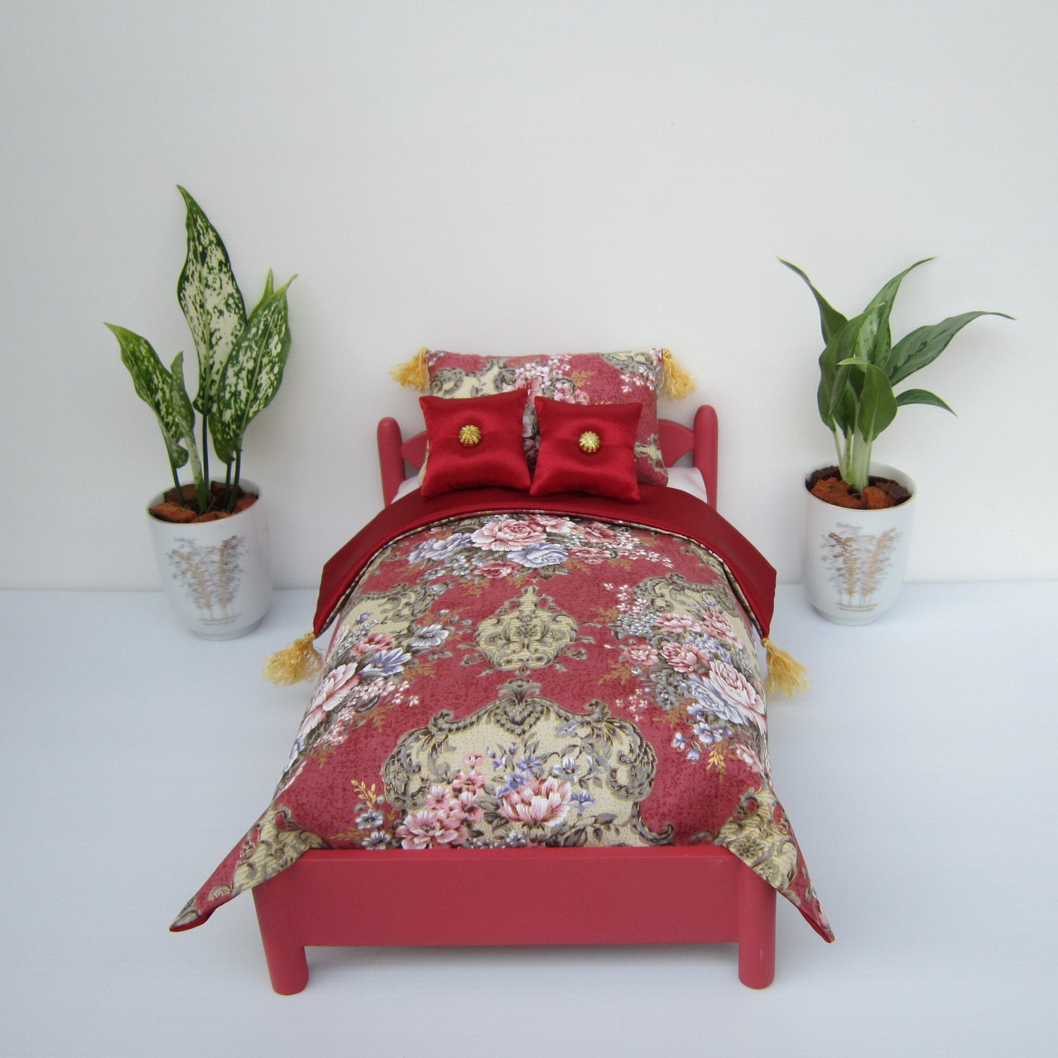New Floral doll Bedding set Victorian Red Bedspread pillow cushion 12" doll barbie blythe bratz