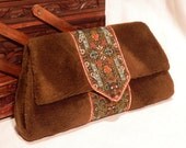 Brocade Clutch Purse with Fuzzy Brown