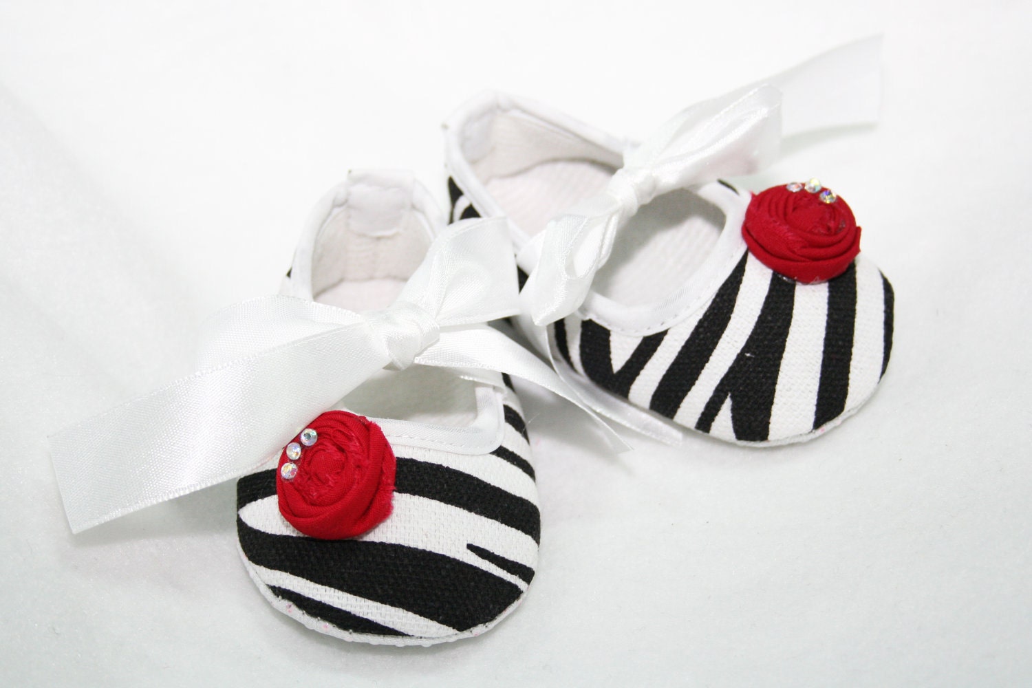 Zebra Print, Baby Shoes With Red Satin RosetteToes, Infant Crib Shoes, Ballet Inspired - pilycouture