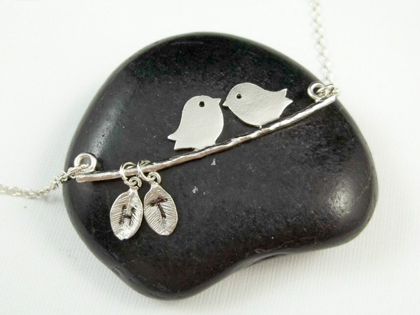 Love Birds Necklace, Hand Stamped Initial Leaves, Anniversary Gift, New Mommy Necklace, Initial  Necklace - STERLING SILVER