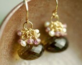 Beer Quartz, Rhodolite Garnet & Freshwater Pearl Earrings