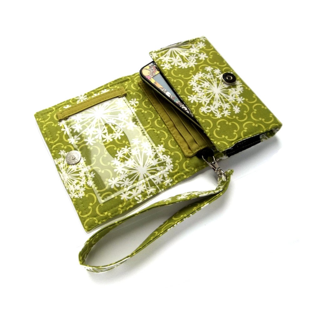Smart Phone Wallet / Cell Phone case Handmade / Green Dandilion