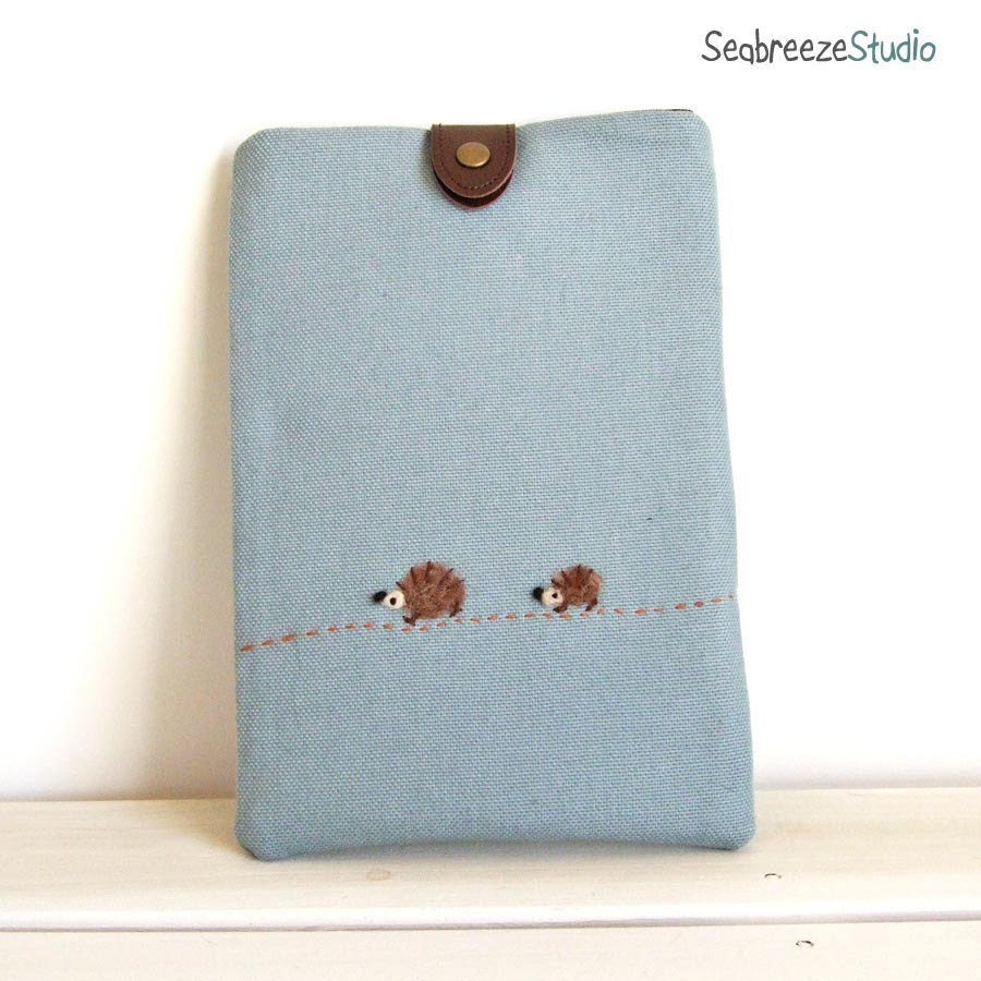 Kindle Fire sleeve - blue gray canvas with needle felted applique