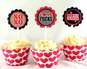 Red Valentine Cupcake Toppers for Valentine Party in Red and Black