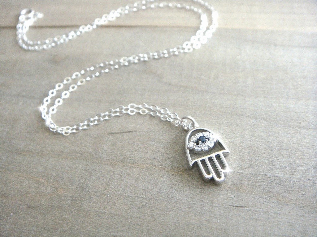 Silver Hamsa Neclace with Cubic Zirconia on Sterling Silver