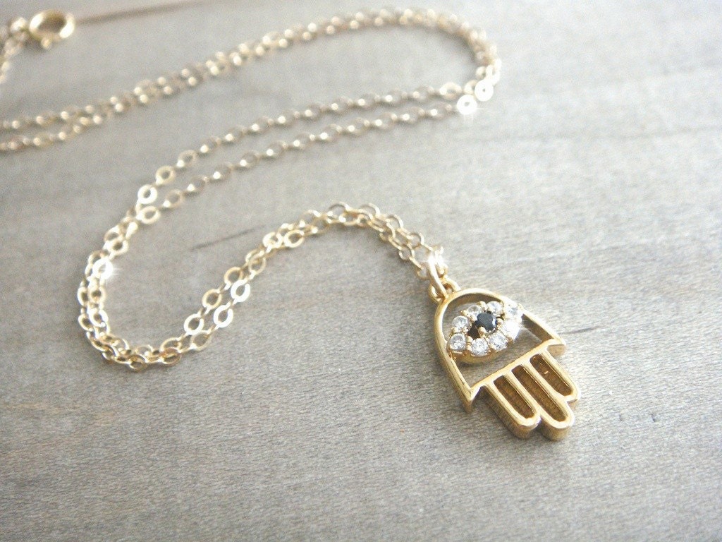 Gold Hamsa Necklace with Cubic Zirconia on 14K Gold Filled Chain