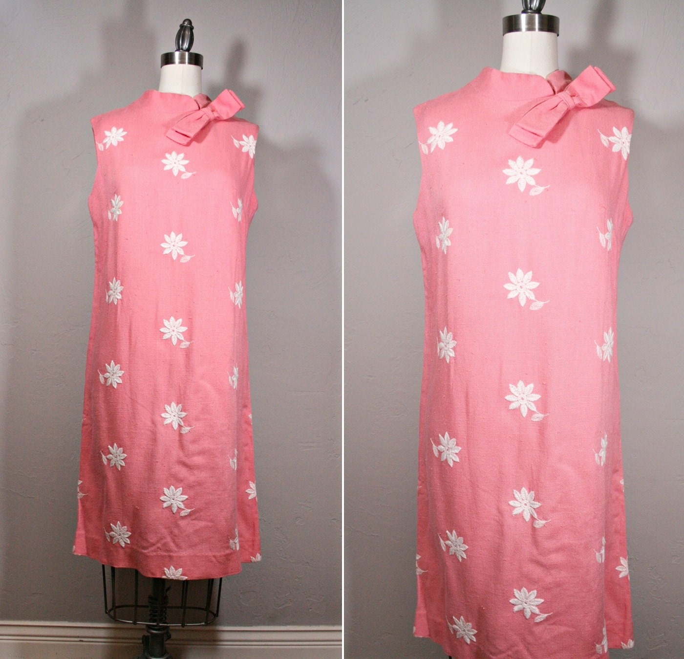 Vintage Day Dress / Embroidered Shift / Mandarin Collar / 1960s