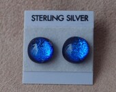 Blue stud earrings,on a sparkly fused dichroic glass on sterling silver posts