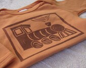 Linocut Train Shirt, Hand-Dyed, Hand-Printed - 3 to 6 Month Size