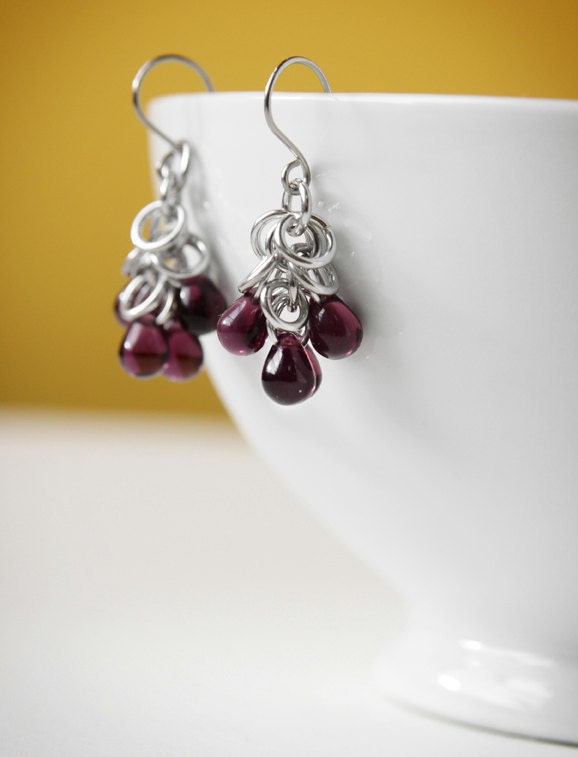 Beaded Dangle Earrings - dark amethyst - chainmaille for women