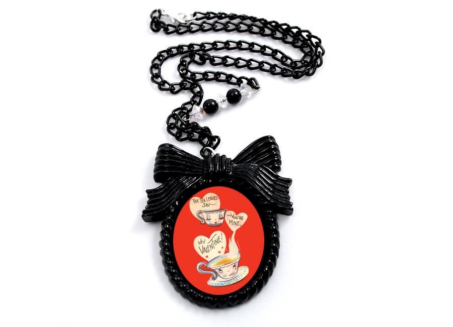 Vintage Teapot Valentine Print Necklace - FREE SHIPPING