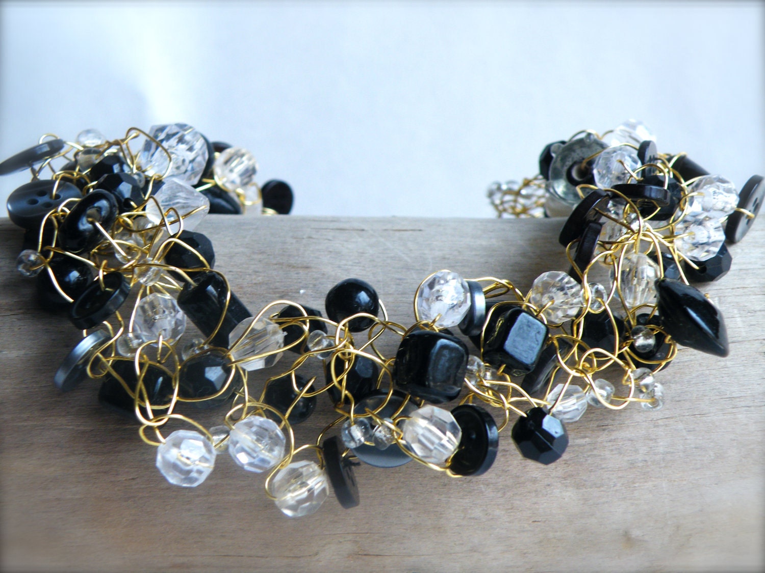 Black Button Crochet Wire Necklace... Crystal Droplets & Assorted Black Beads on Gold Wire (Free Shipping)