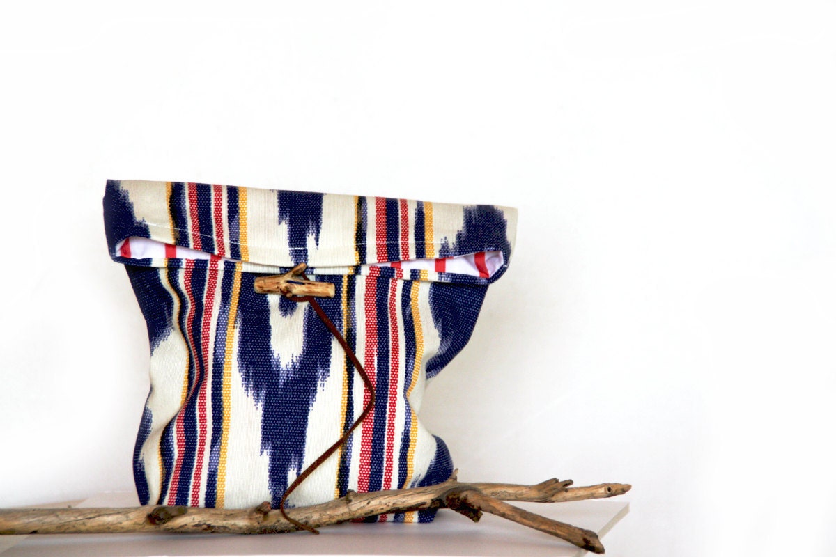 Spring sale 20% off - Ethnic pattern Ikat print pouch in navy blue and red with twig button