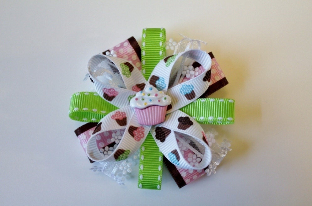 Pink and Green Cupcake Stacked Ribbon Flower Hair Bow