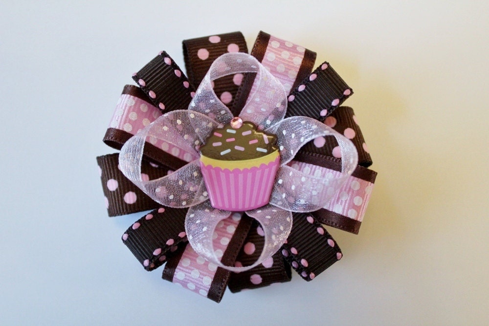 Pink and Brown Cupcake Stacked Ribbon Flower Hair Bow