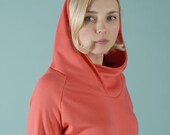 coral hoody/ asymmetrical hoody/ hoodies/ fashion/ women/ pullover/ longsleeve/ coral/ salmon/ neon red
