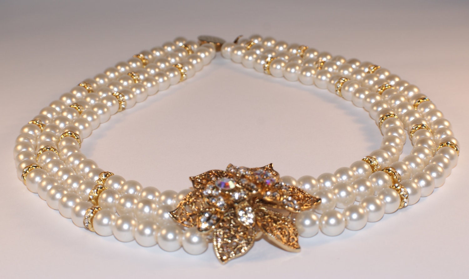 Vintage style three strand handmade bridal pearl necklace with gold rhinestones fblower brooch and clear crystals