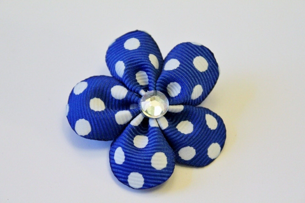 Small Blue with White Polka Dot 5 Petal Ribbon Flower