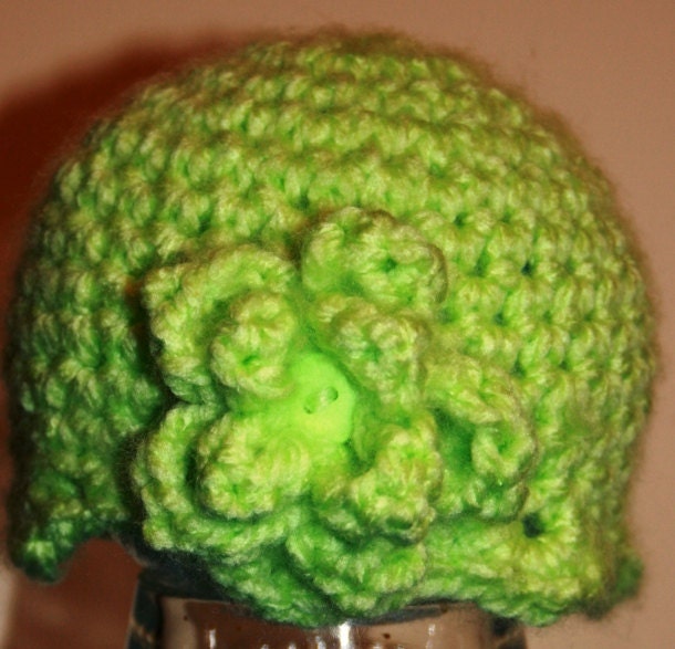 Crochet Lime Green Soft Thick Baby Hat with FLower
