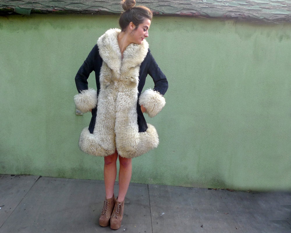 Vintage 60's Blue Suede Coat with Lambs Wool Trim Size Small