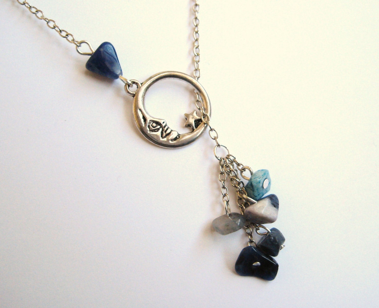 Silver Lariat Necklace Moon Star Necklace Natural Gemston Jewelry Sodalite