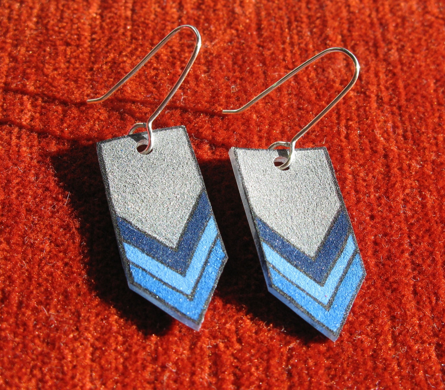 Blue and Silver Chevron shrink plastic earrings, silver earring hooks