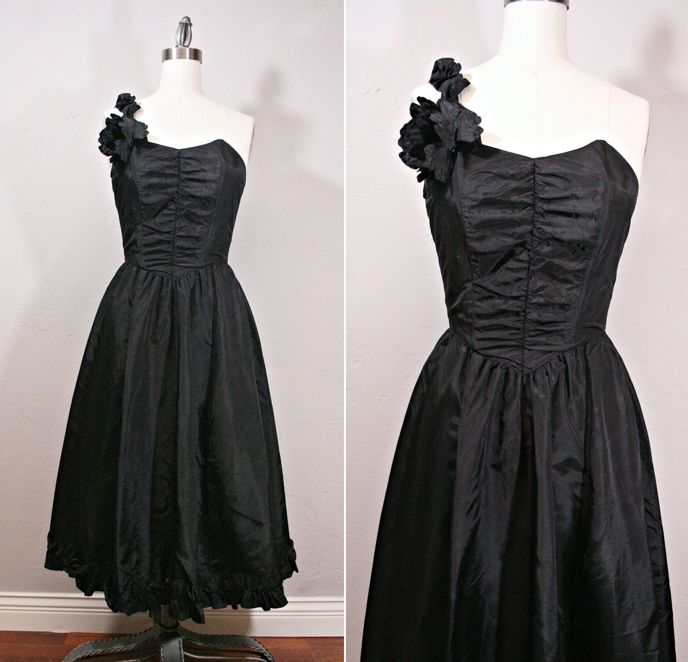 Vintage Evening Dress /  One Shoulder Dress / Tea Length Dress / 1970s