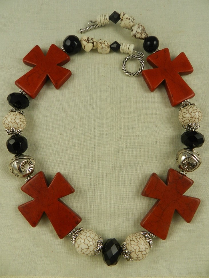 Chunky Red Black White Magnesite Cross Handmade Necklace