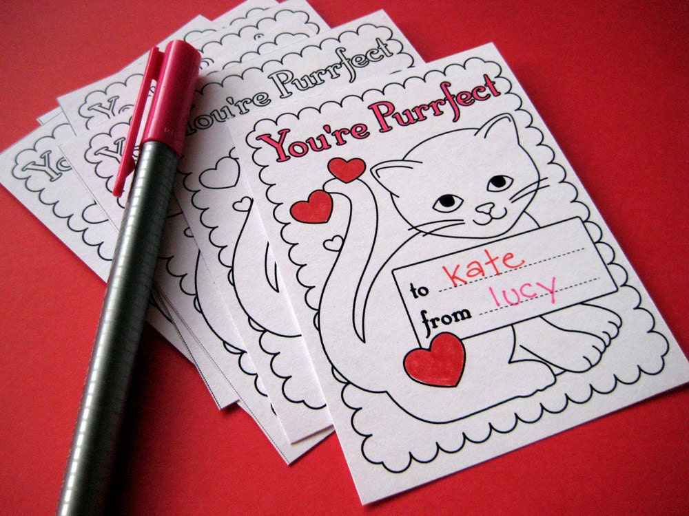 Printable Kitty Valentines to Color