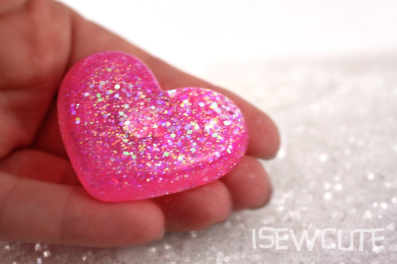 Cute Resin Jewelry Large Pink Glitter Heart with Colorful Sparkles Adjustable Ring Handmade by isewcute
