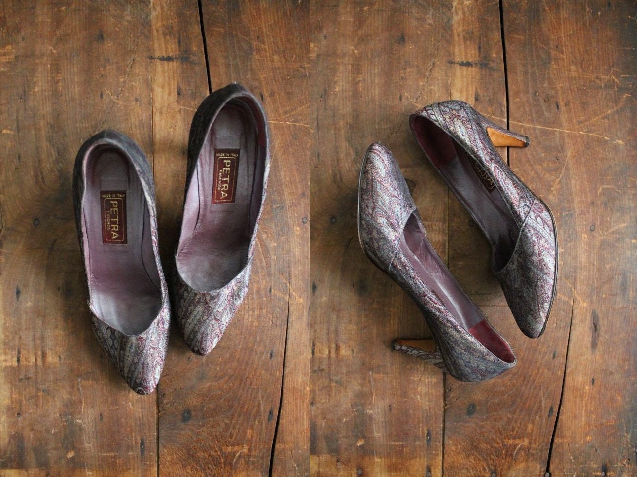 1970s vintage abstract purple silk print heels 6.5