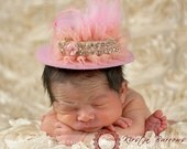 Baby Girl - Pink Mini Top Hat with Feathers and Gorgeous Pink and Rhinestone Embellishment for Baby Girl or Women