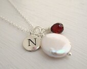 Personalized necklace, sterling silver monogram, garnet necklace, January birthstone, coin pearl, custom necklace