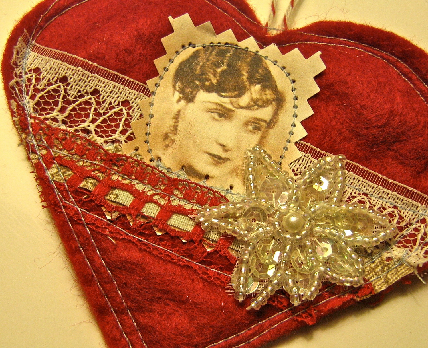 Romantic  heart quilted ornament gift tag felt, woman vintage lace beads sequins  tateam