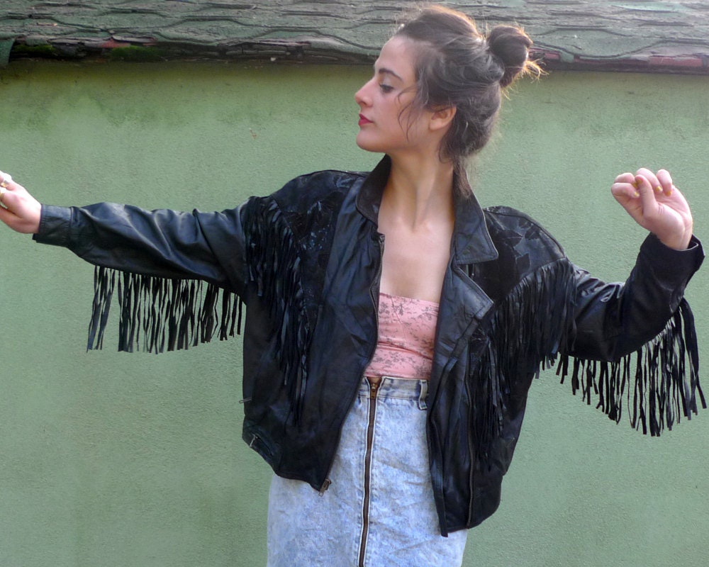 Black Fringe Leather Jacket Vintage 80s - Small