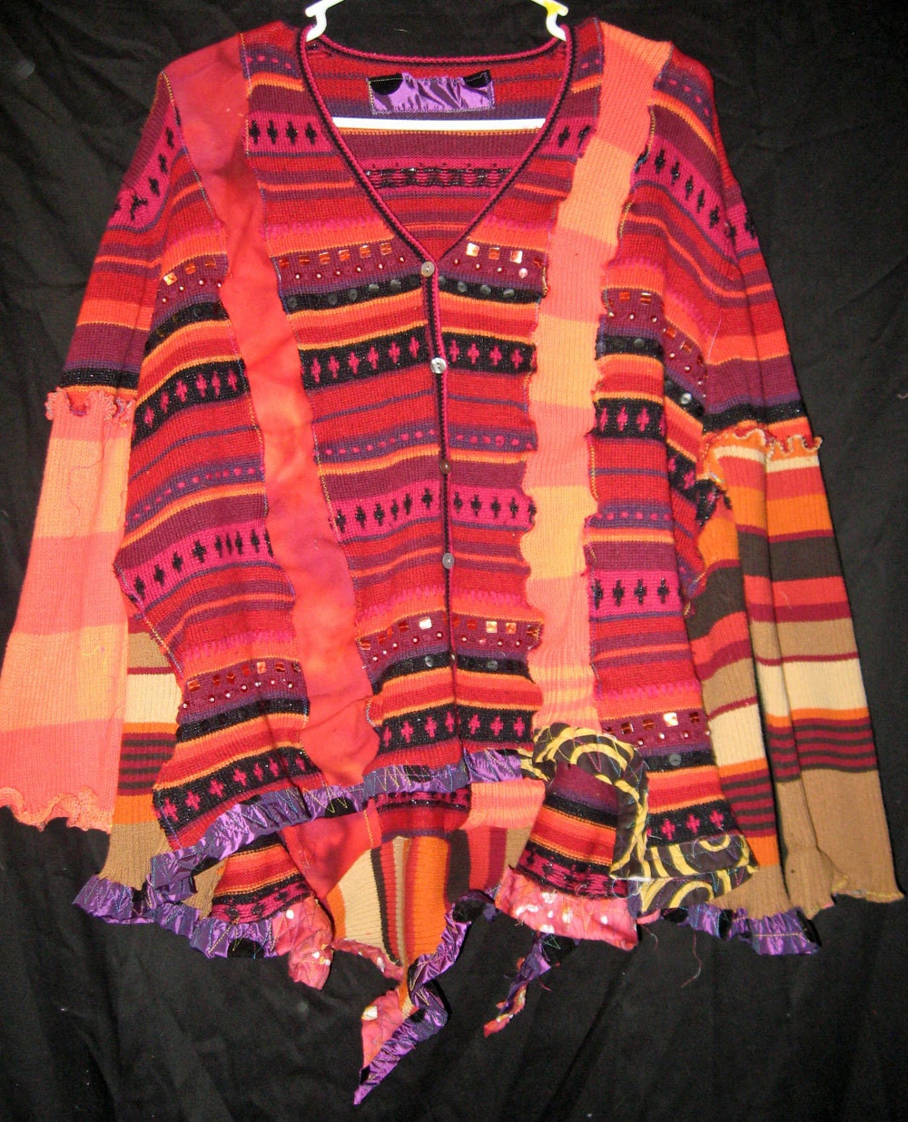 Cranberry and Orange Upcycled Cardigan Sweater