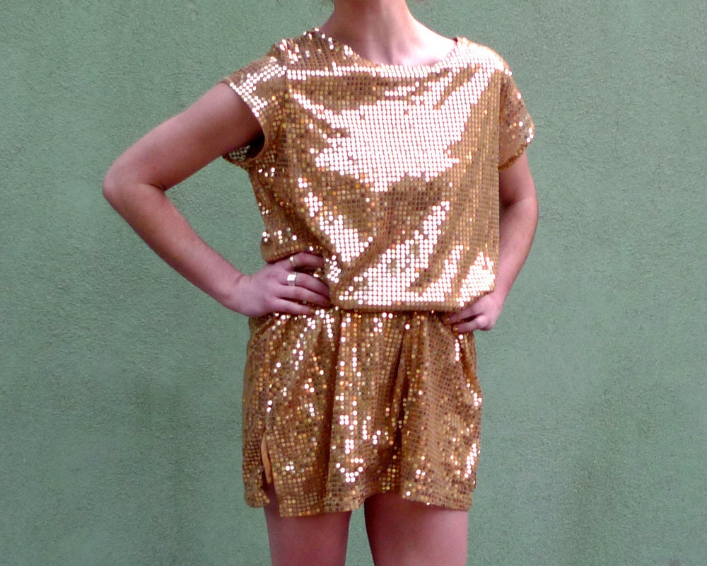 Sequin Mini Dress Vintage 70s Gold Disco dress