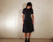 60s Navy Polkadots Drop Waist Dress - Vintage