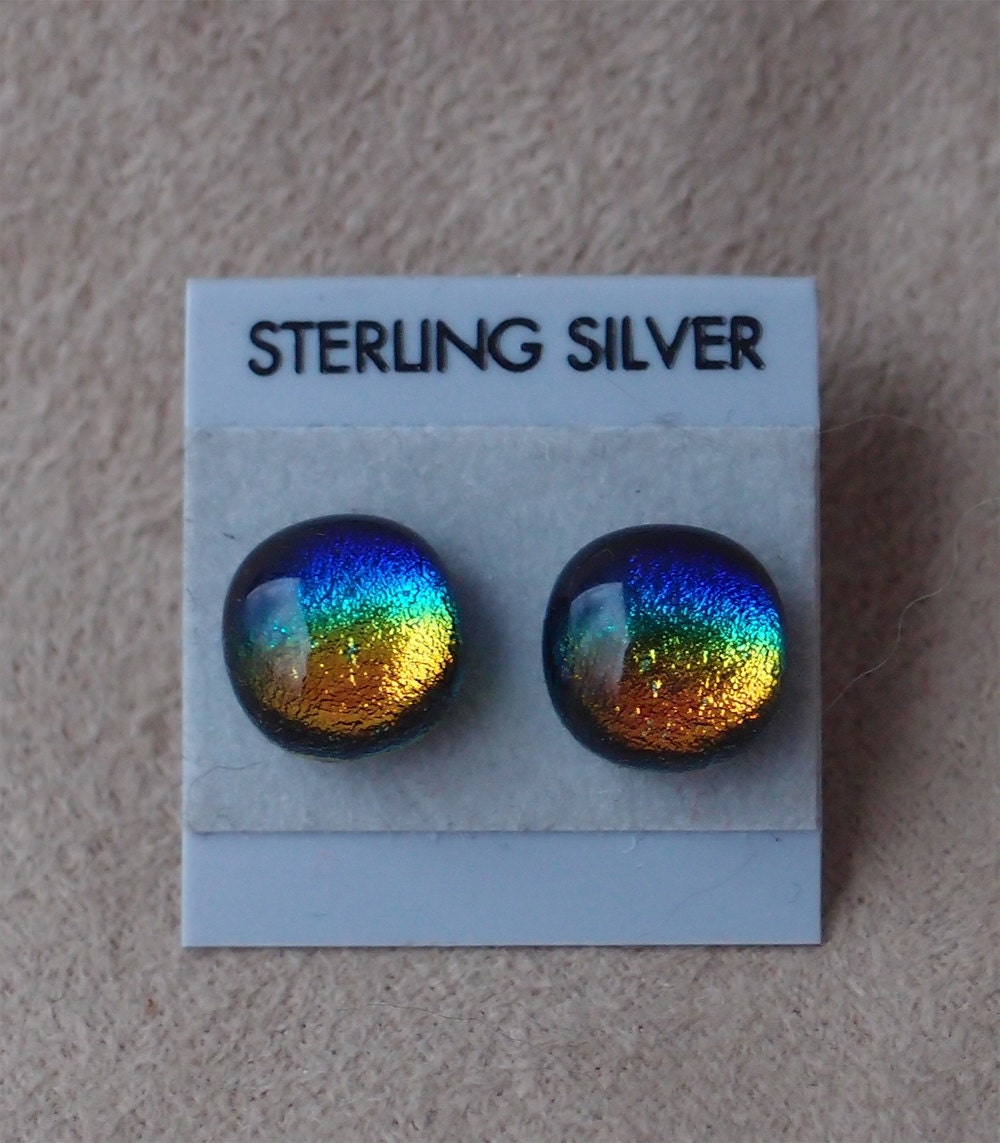 Rainbow Stud earrings fused dichroic glass on sterling silver studs